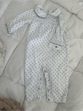 Ralph Lauren White Baby Romper with Navy Anchor Trim